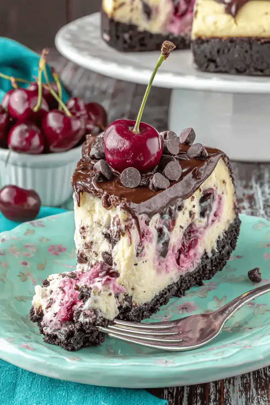 The Ultimate Foolproof Chocolate Cherry Cheesecake 2 Decadent slice of chocolate cherry cheesecake on a floral plate with ganache and fresh cherries.