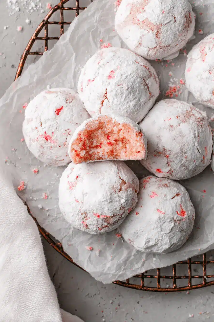 Easy & Irresistible Cherry Almond Snowball Cookies 2 Close-up of powdered sugar-dusted Cherry Almond Snowball Cookies on a wire rack, revealing their pale pink interior and red specks.