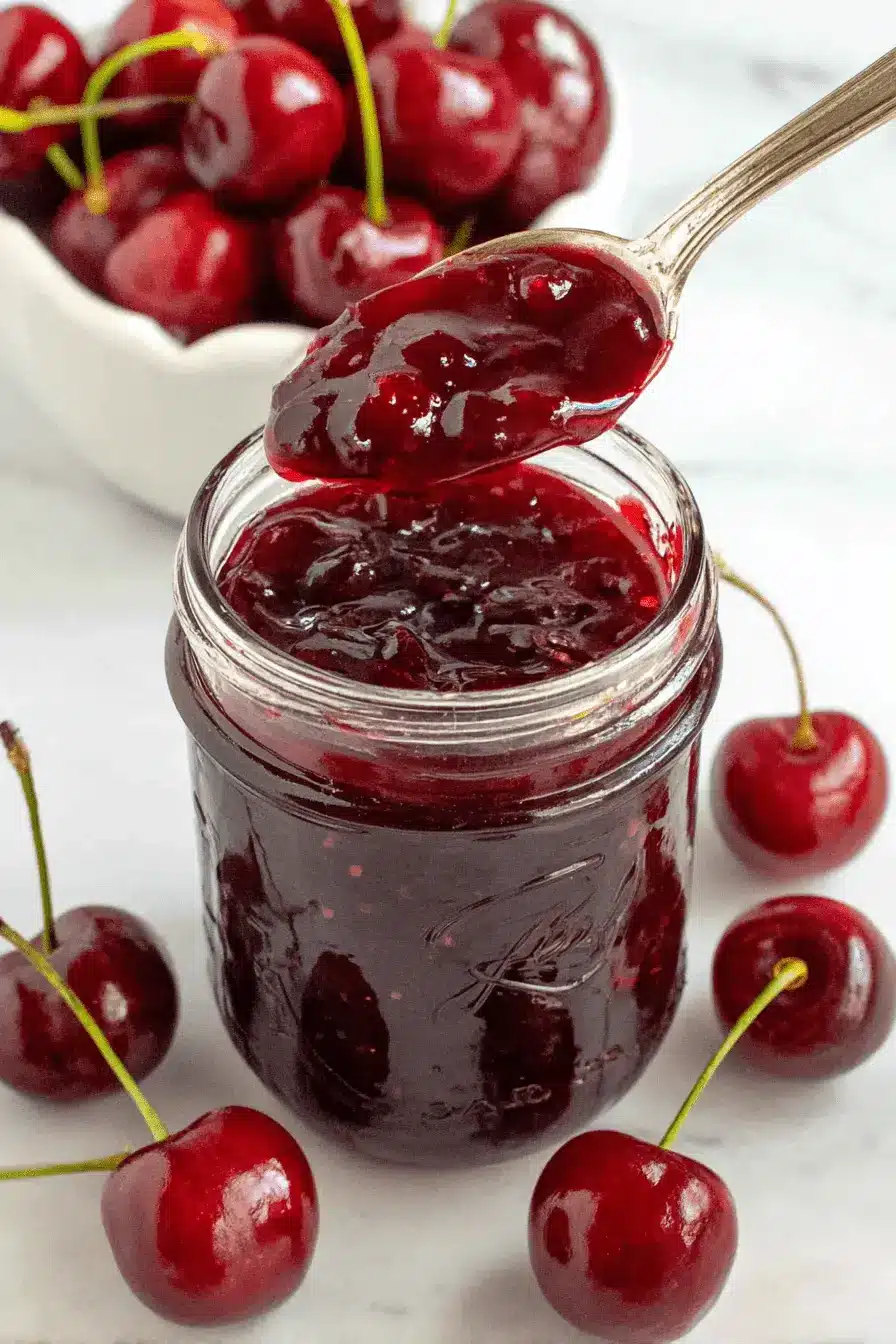 Wonderful Quick batch Cherry Jam Recipe 2 Close-up of a mason jar filled with glistening, deep red batch cherry jam, with a spoon dripping jam back into the jar, surrounded by fresh cherries.