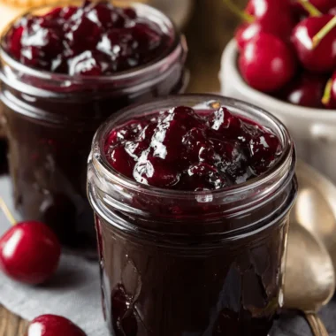 Foolproof Homemade Cherry Preserves 4 Close-up of homemade cherry preserves in glass jars, with fresh cherries and cookies on a rustic wooden surface.