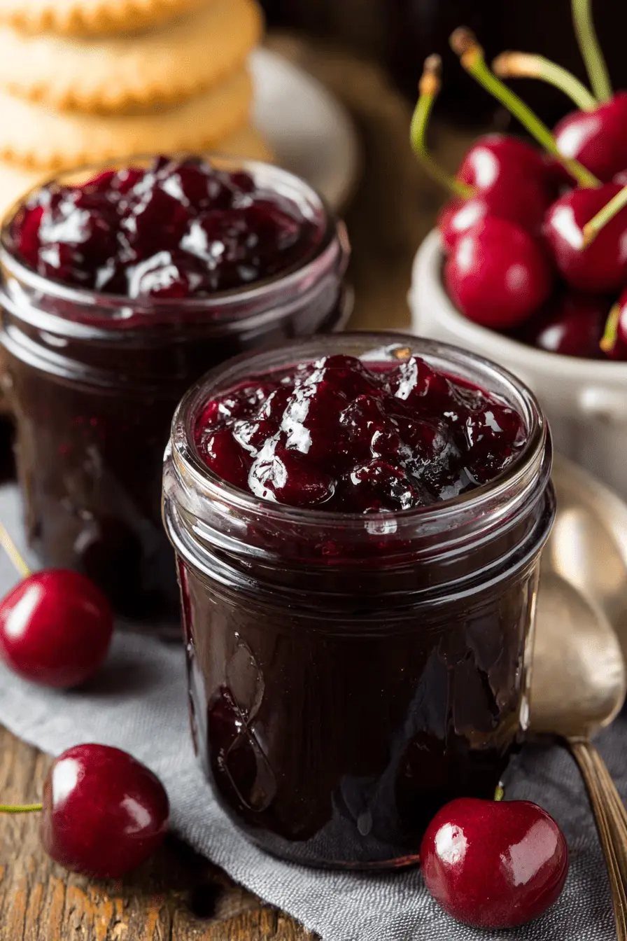 Foolproof Homemade Cherry Preserves 2 Close-up of homemade cherry preserves in glass jars, with fresh cherries and cookies on a rustic wooden surface.