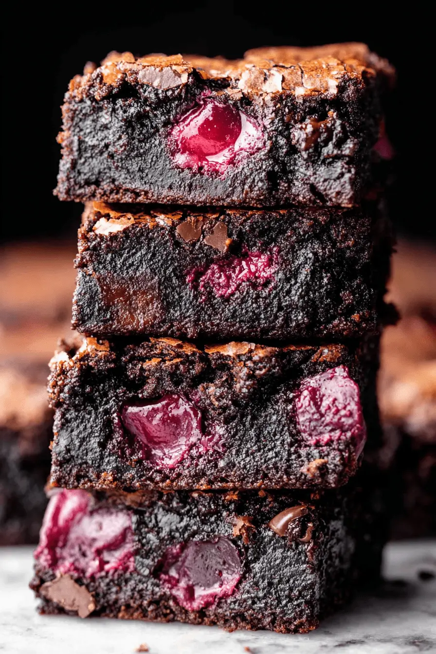 Ultimate Fudgy Cherry Brownies 2 Close-up of a stack of rich, fudgy dark chocolate cherry brownies, showcasing vibrant red cherries and a slightly cracked top.