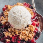 Ultimate Blueberry Rhubarb Crisp Recipe 7 Warm blueberry rhubarb crisp in a rustic bowl, topped with melting vanilla ice cream.