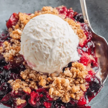 Ultimate Blueberry Rhubarb Crisp Recipe 4 Warm blueberry rhubarb crisp in a rustic bowl, topped with melting vanilla ice cream.