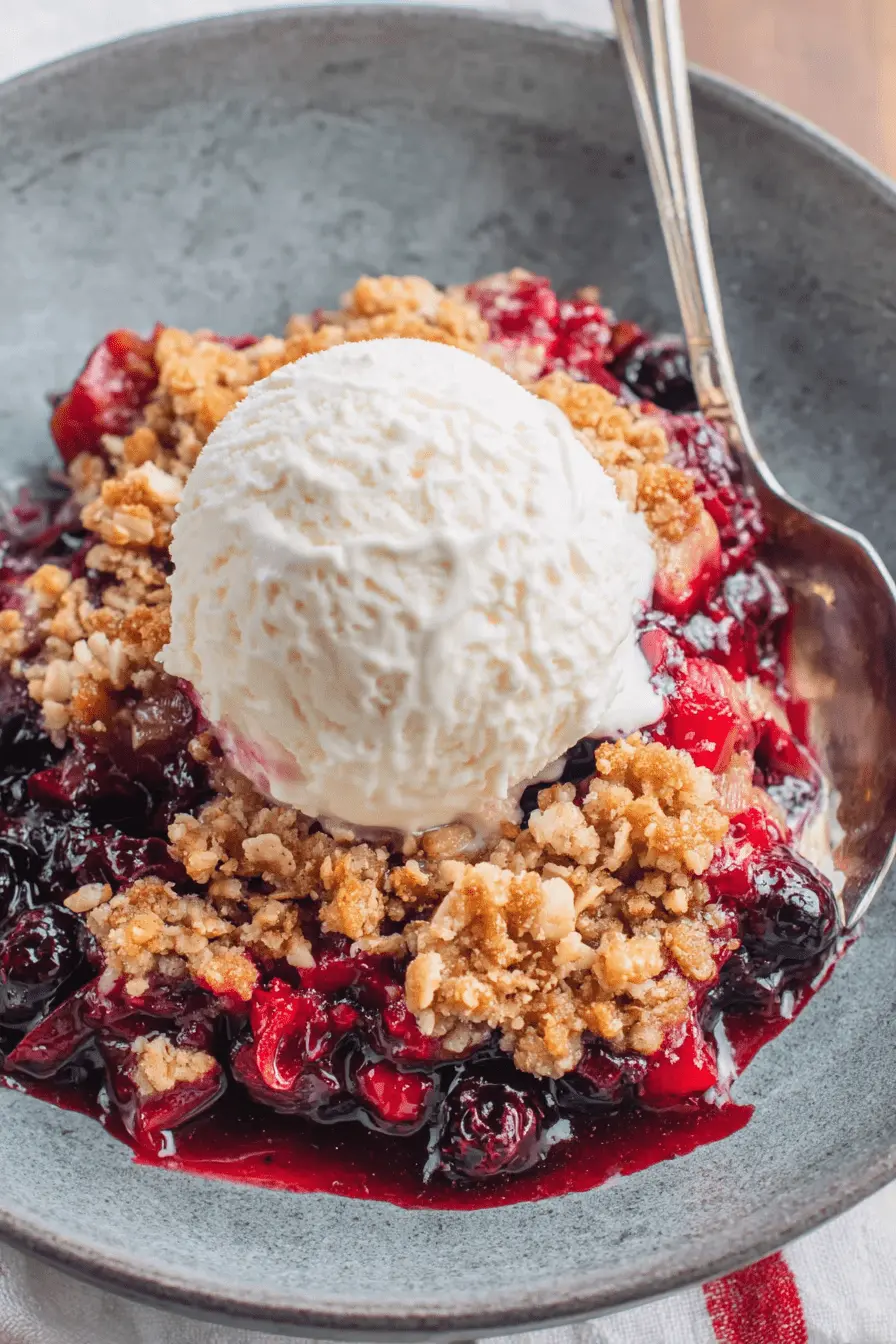 Ultimate Blueberry Rhubarb Crisp Recipe 2 Warm blueberry rhubarb crisp in a rustic bowl, topped with melting vanilla ice cream.