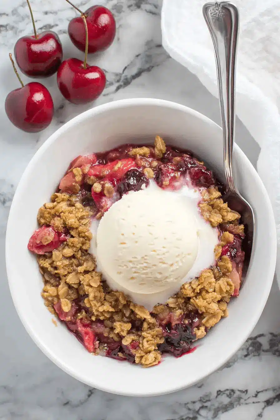 Wonderful Cherry Rhubarb Crisp 2 Top-down view of a delightful cherry rhubarb crisp with a melting scoop of vanilla ice cream in a white bowl, garnished with fresh cherries.