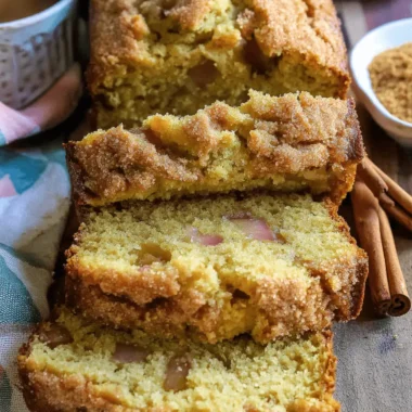 Ultimate Foolproof Rhubarb Bread Recipe 4 Sliced apple cinnamon bread with sugar topping, coffee, and a bowl of red fruit (possibly rhubarb), setting a cozy scene for homemade rhubarb bread.
