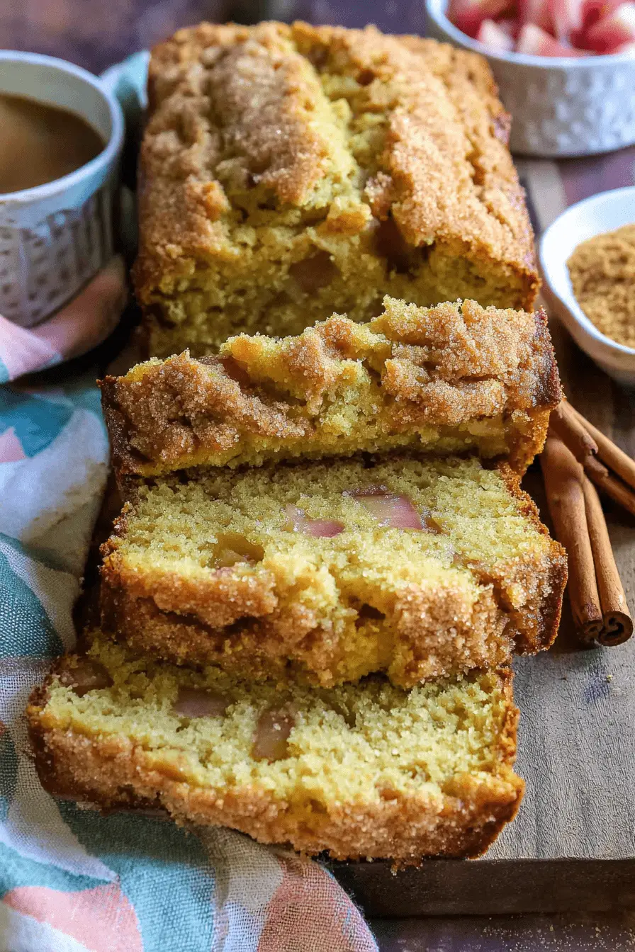 Ultimate Foolproof Rhubarb Bread Recipe 2 Sliced apple cinnamon bread with sugar topping, coffee, and a bowl of red fruit (possibly rhubarb), setting a cozy scene for homemade rhubarb bread.