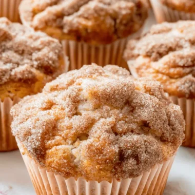Ultimate Rhubarb Muffins: Easy Sweet-Tart Perfection 3 Close-up of golden-brown rhubarb muffins with sparkling cinnamon sugar tops in peach liners.