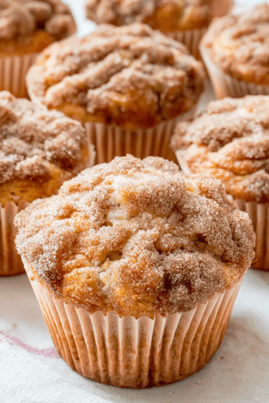Ultimate Rhubarb Muffins: Easy Sweet-Tart Perfection 2 Close-up of golden-brown rhubarb muffins with sparkling cinnamon sugar tops in peach liners.