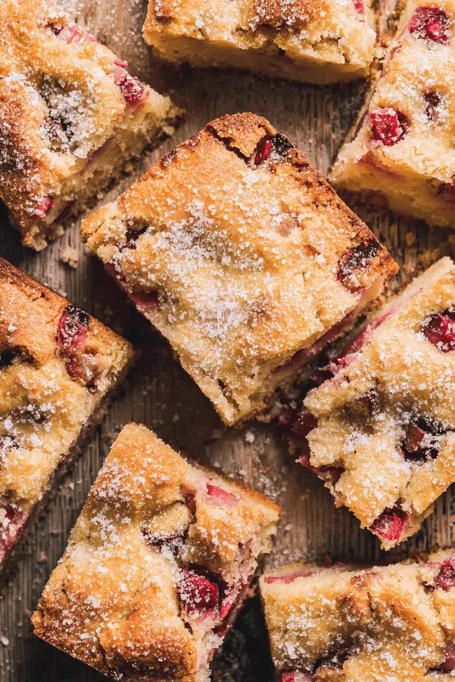 The Ultimate Foolproof Rhubarb Cake 2 Close-up of rustic rhubarb cake slices dusted with powdered sugar on a wooden surface.