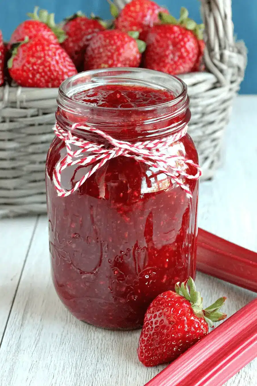 Amazing Strawberry Rhubarb Jam: Simple Guide 2 Homemade strawberry rhubarb jam in a mason jar, surrounded by fresh strawberries and rhubarb stalks on a rustic wooden surface.