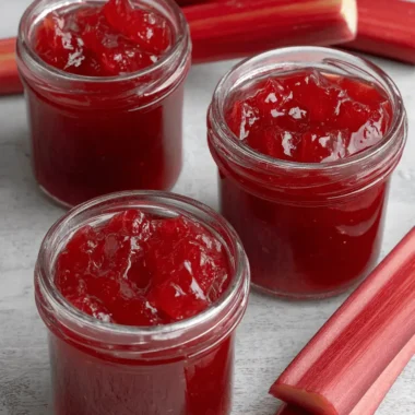 Amazing Foolproof Rhubarb Jam Recipe 4 Three jars of vibrant homemade rhubarb jam with fresh rhubarb stalks on a rustic surface.
