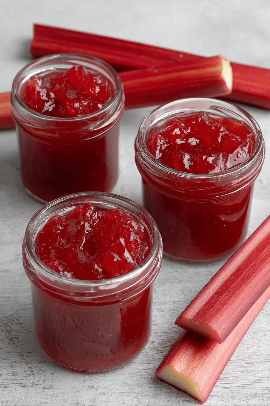 Amazing Foolproof Rhubarb Jam Recipe 2 Three jars of vibrant homemade rhubarb jam with fresh rhubarb stalks on a rustic surface.