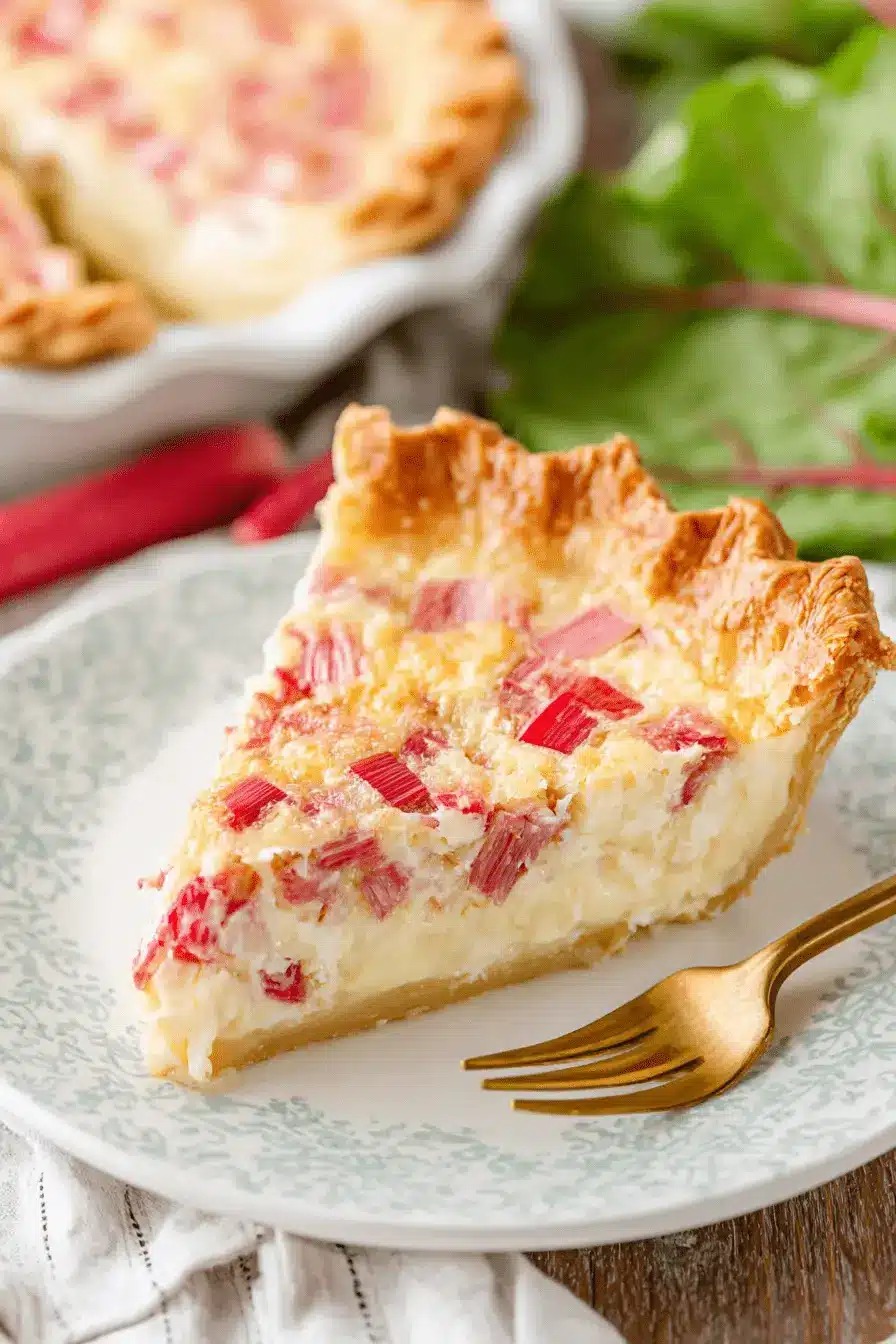 Ultimate Foolproof Rhubarb Custard Pie 2 A delicious slice of homemade rhubarb custard pie on a floral plate, with fresh rhubarb in the background.