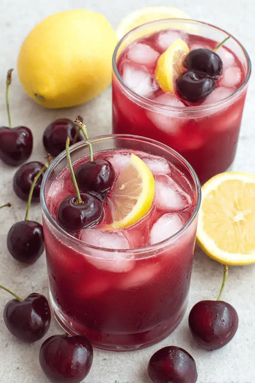 Vibrant Cherry Lemonade: Simple & Refreshing Drink 2 Two refreshing glasses of cherry lemonade with ice, garnished with lemon slices and fresh cherries, on a light surface with scattered whole cherries and lemons.