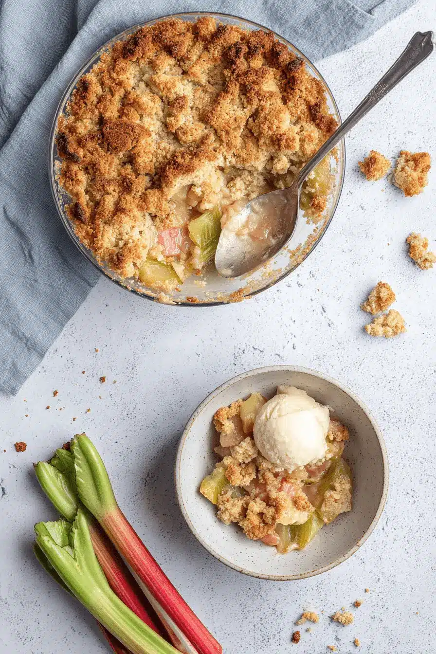 Amazing Foolproof Rhubarb Crumble 2 Delicious rhubarb crumble with a golden topping, served with creamy vanilla ice cream and fresh rhubarb stalks.