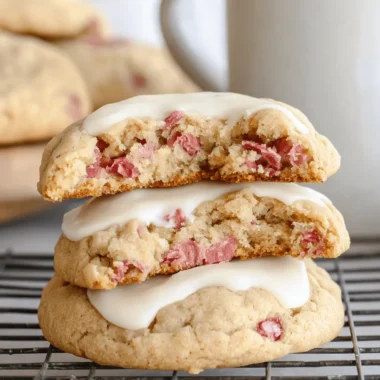 Amazing Soft & Chewy Rhubarb Cookies 4 Close-up of iced rhubarb cookies on a cooling rack, showing pinkish-red rhubarb pieces inside the golden-brown dough.