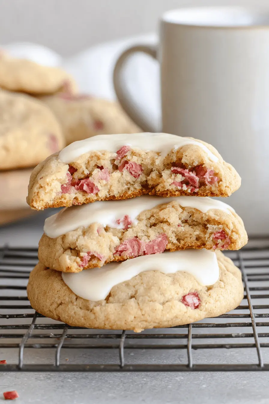 Amazing Soft & Chewy Rhubarb Cookies 2 Close-up of iced rhubarb cookies on a cooling rack, showing pinkish-red rhubarb pieces inside the golden-brown dough.