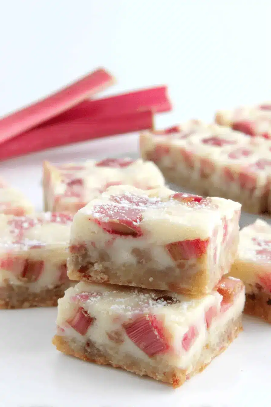 Amazing Foolproof Rhubarb Bars 2 Close-up of freshly baked rhubarb bars with a golden shortbread crust, creamy rhubarb filling, and a dusting of powdered sugar, presented with fresh rhubarb stalks.