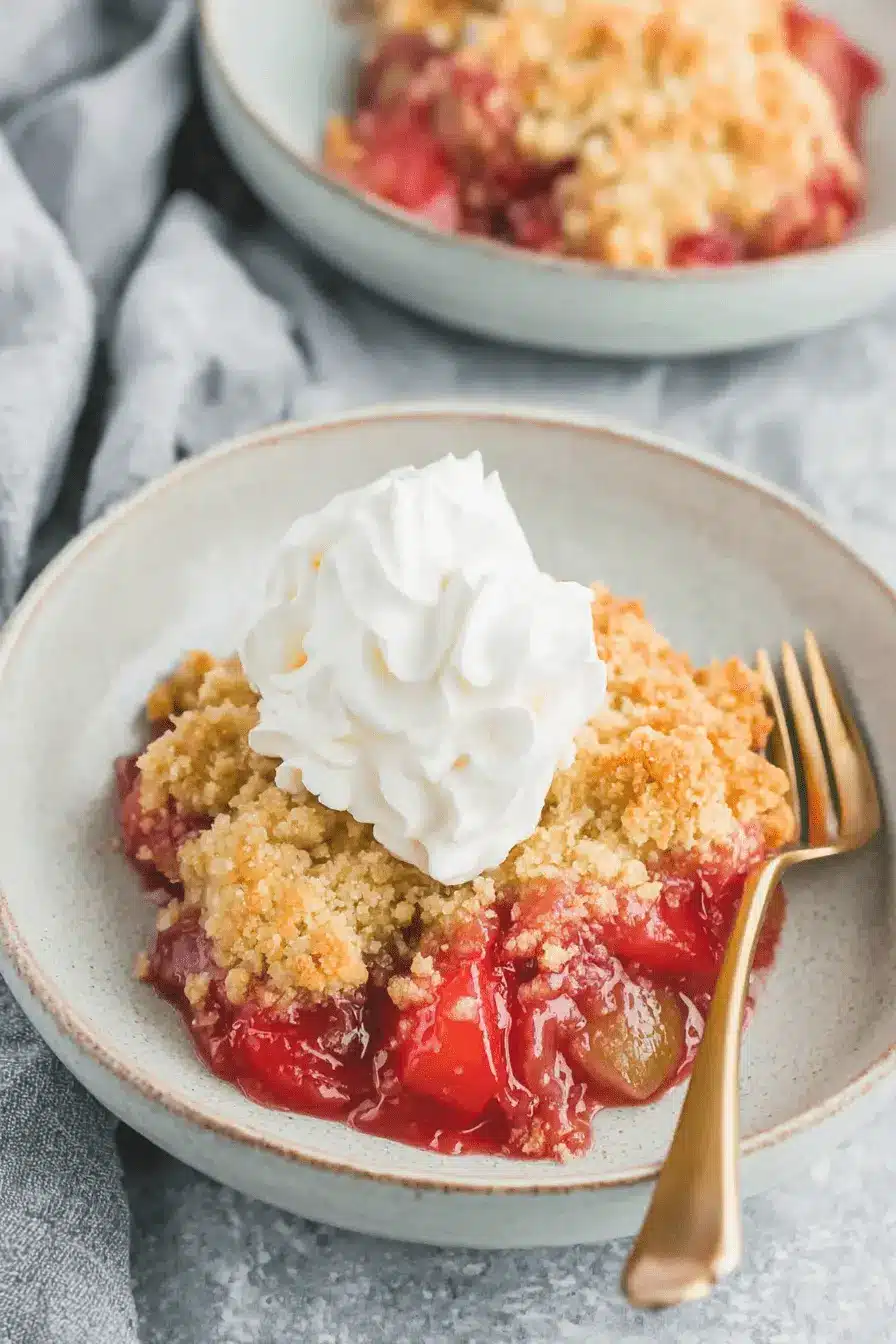 Amazing Rhubarb Dump Cake: Easy & Foolproof 2 Delectable rhubarb dump cake with whipped cream in a ceramic bowl.