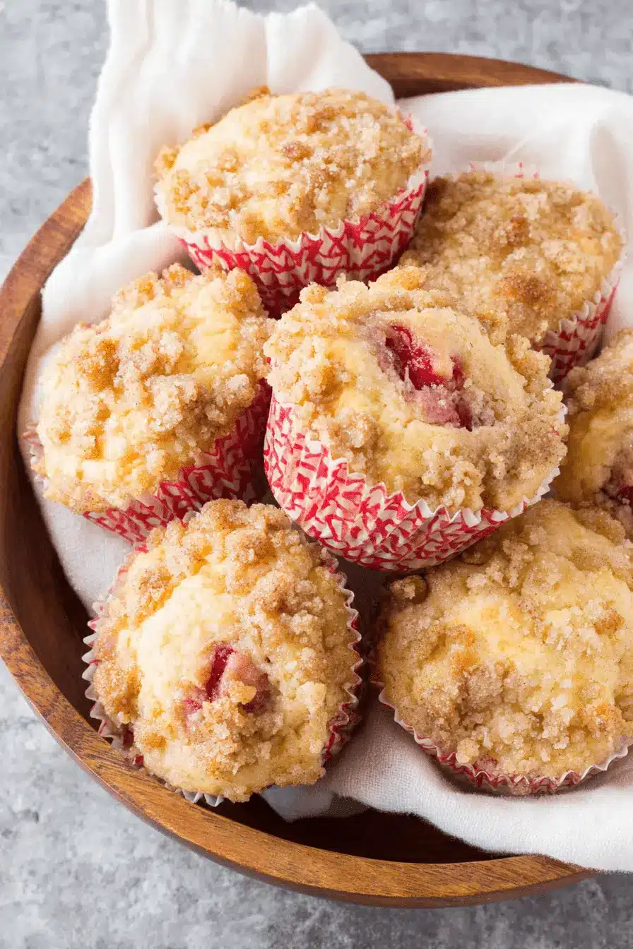 Irresistibly Moist Strawberry Rhubarb Muffins 2 A close-up of freshly baked strawberry rhubarb muffins with a golden-brown streusel topping nestled in a wooden bowl.