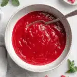 Spectacular Rhubarb Sauce: Easy & Versatile 5 Overhead view of vibrant, deep red rhubarb sauce in a rustic ceramic bowl with a silver spoon, garnished with fresh mint and raw rhubarb stalks.