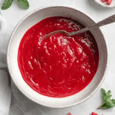 Spectacular Rhubarb Sauce: Easy & Versatile 4 Overhead view of vibrant, deep red rhubarb sauce in a rustic ceramic bowl with a silver spoon, garnished with fresh mint and raw rhubarb stalks.