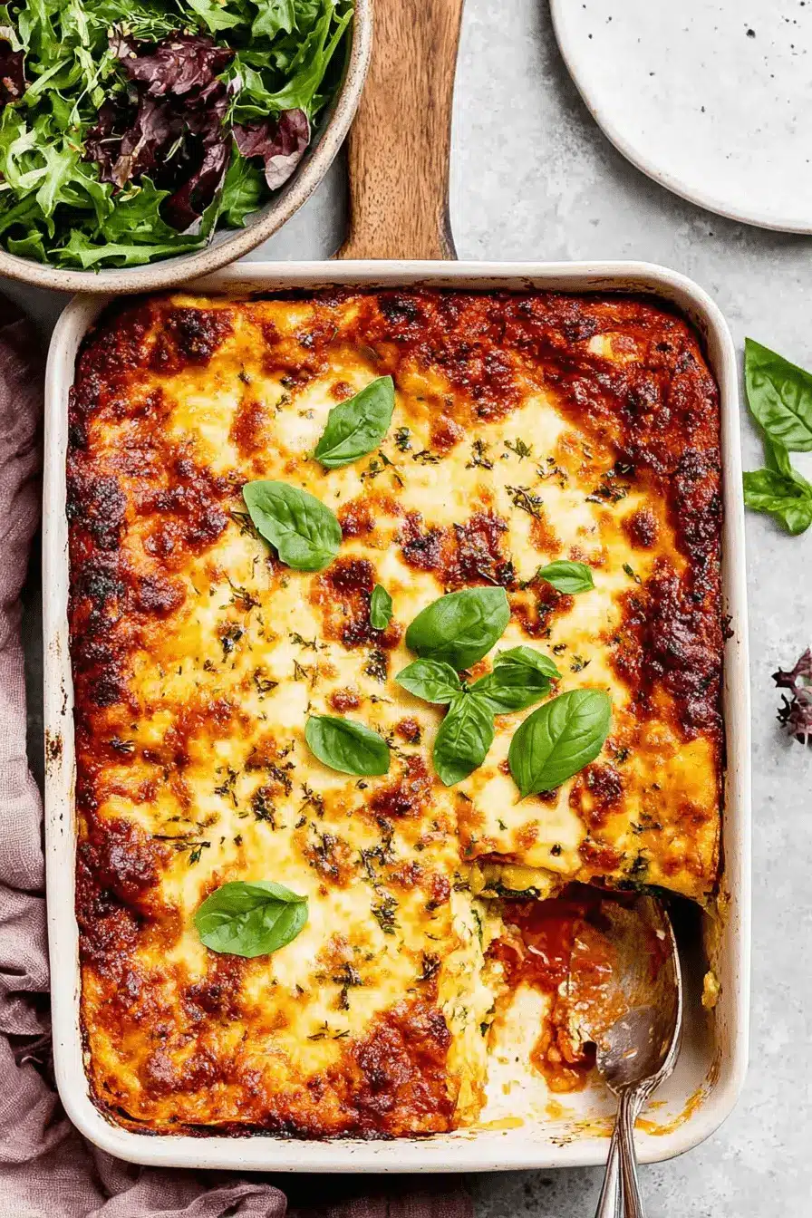 Ultimate Foolproof Zucchini Lasagna Recipe 2 Freshly baked zucchini lasagna recipe, golden brown with bubbly cheese and fresh basil, served in a white baking dish.