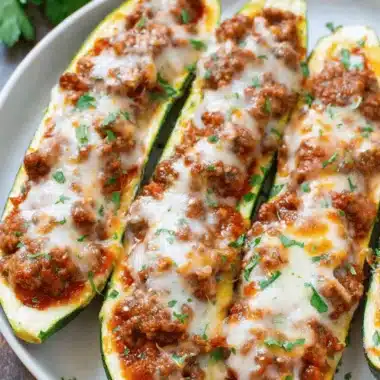 The Ultimate Foolproof Zucchini Boats Recipe 3 Delicious baked zucchini boats filled with savory meat sauce and melted cheese.