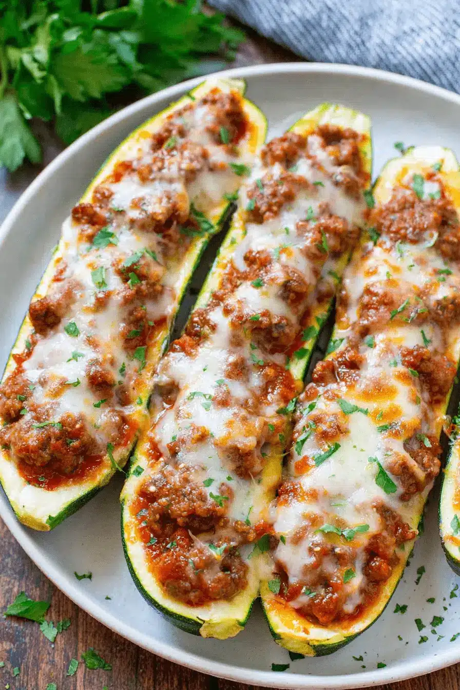 The Ultimate Foolproof Zucchini Boats Recipe 2 Delicious baked zucchini boats filled with savory meat sauce and melted cheese.
