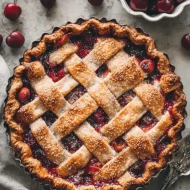The Ultimate Cherry Pie Recipe: Easy & Flaky 4 Top-down view of a golden-brown lattice crust cherry pie, ready to inspire your next cherry pie recipe.