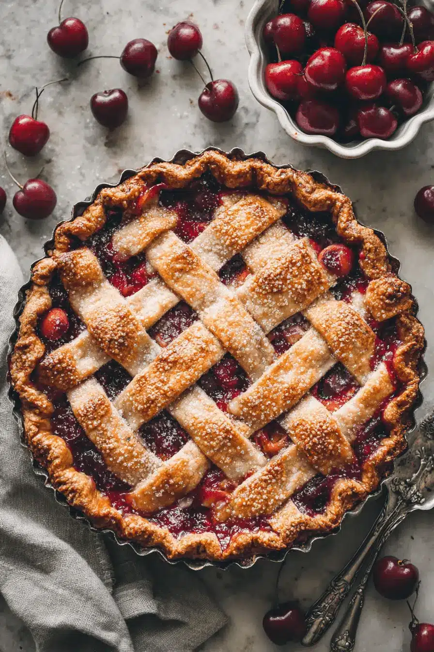 The Ultimate Cherry Pie Recipe: Easy & Flaky 2 Top-down view of a golden-brown lattice crust cherry pie, ready to inspire your next cherry pie recipe.