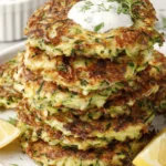 Amazing Simple Zucchini Fritters 8 Close-up of golden-brown zucchini fritters stacked on a plate with creamy dill sauce and fresh lemon wedges.