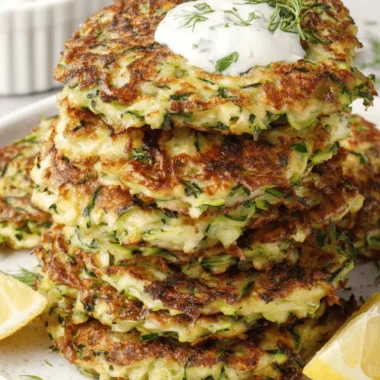 Amazing Simple Zucchini Fritters 3 Close-up of golden-brown zucchini fritters stacked on a plate with creamy dill sauce and fresh lemon wedges.