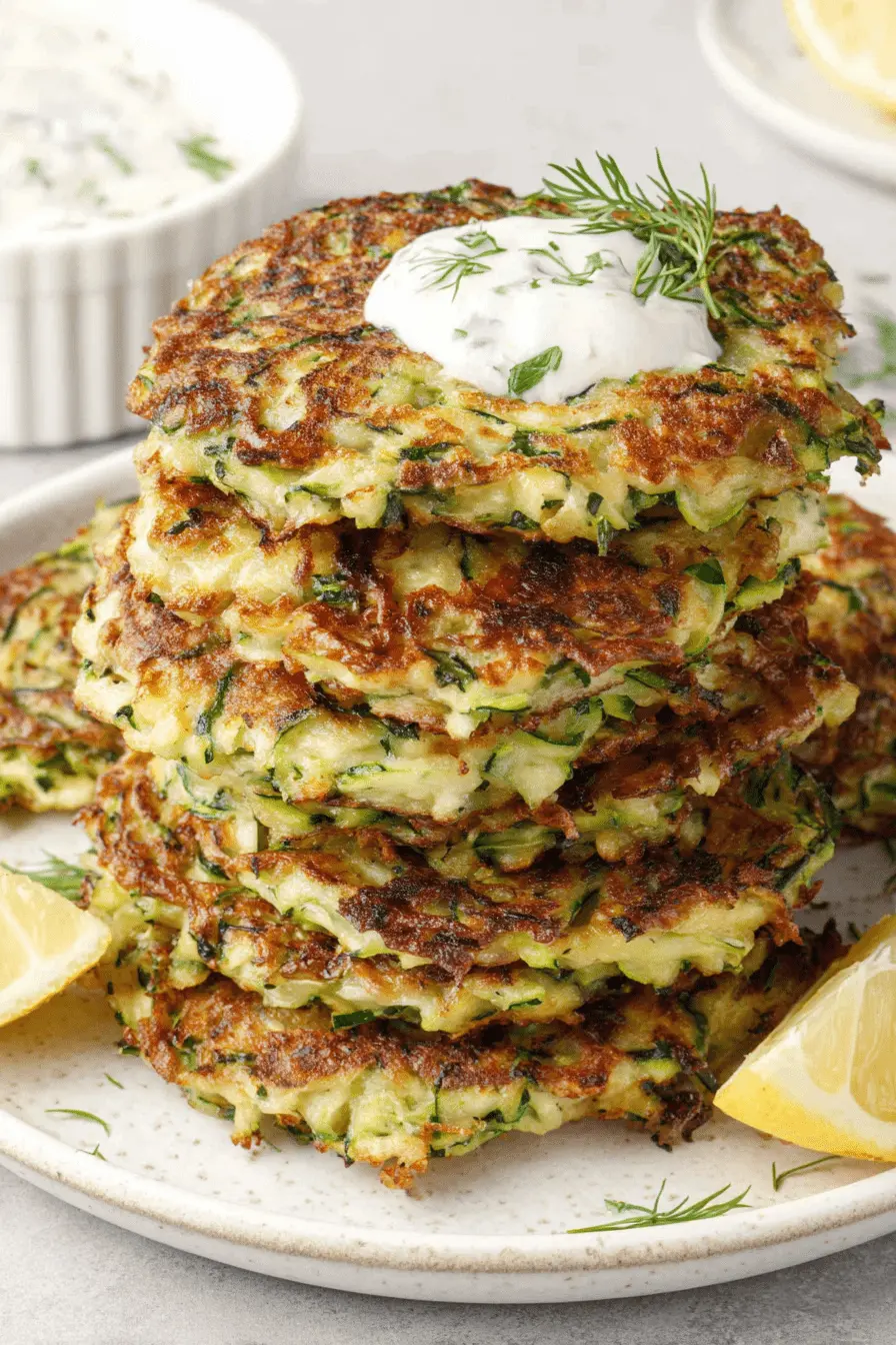 Amazing Simple Zucchini Fritters 2 Close-up of golden-brown zucchini fritters stacked on a plate with creamy dill sauce and fresh lemon wedges.