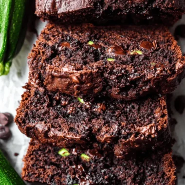Ultimate Chocolate Zucchini Bread: Easy & Moist 4 Close-up of moist stacked slices of chocolate zucchini bread with melted chocolate chips and fresh zucchini.