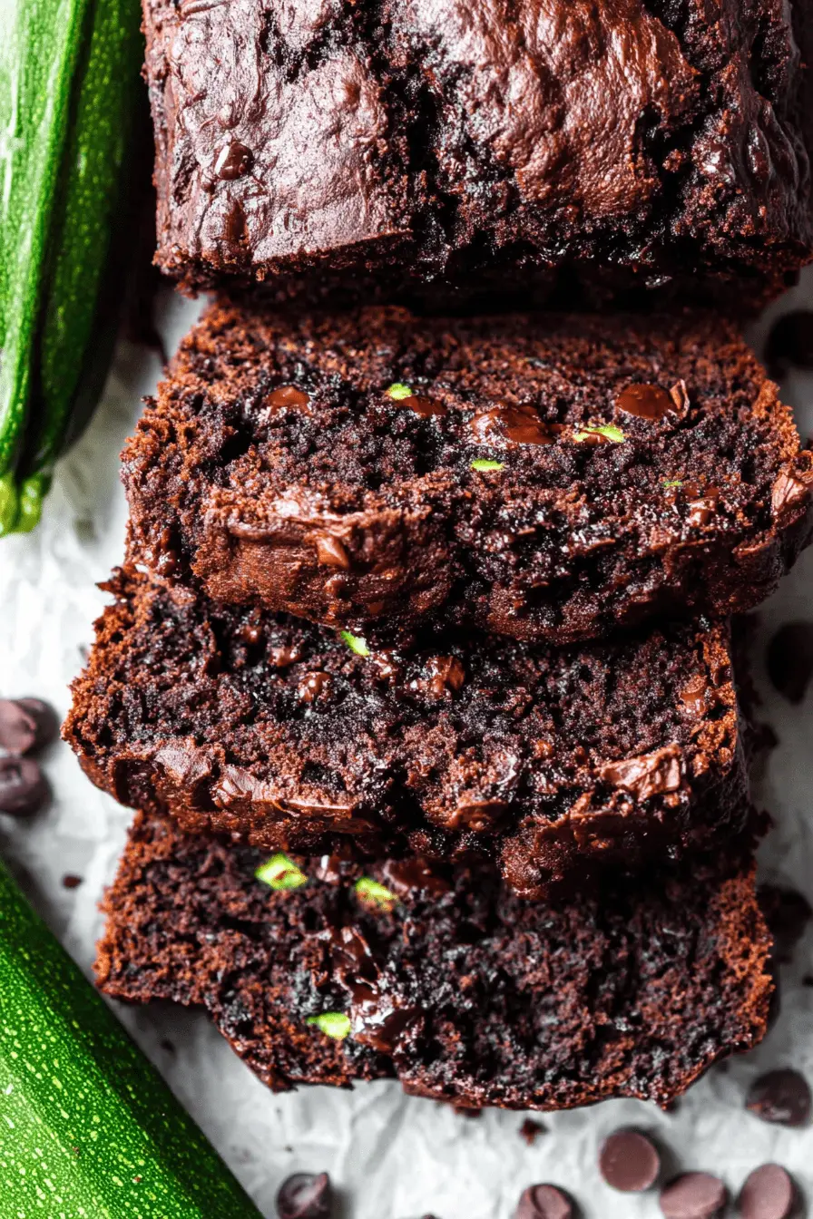 Ultimate Chocolate Zucchini Bread: Easy & Moist 2 Close-up of moist stacked slices of chocolate zucchini bread with melted chocolate chips and fresh zucchini.