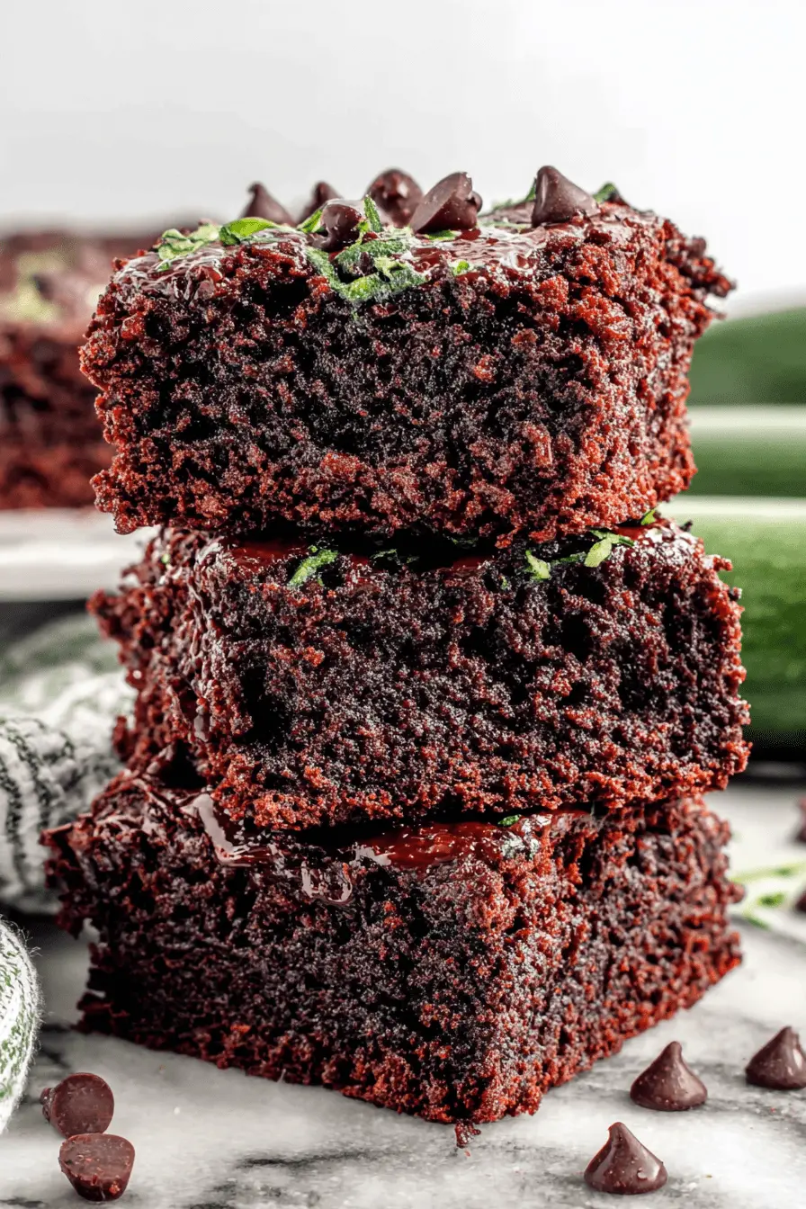 The Ultimate Zucchini Brownies: Fudgy & Foolproof 2 Stack of three rich, glossy dark chocolate zucchini brownies with chocolate chips and subtle green specks on a marble surface.
