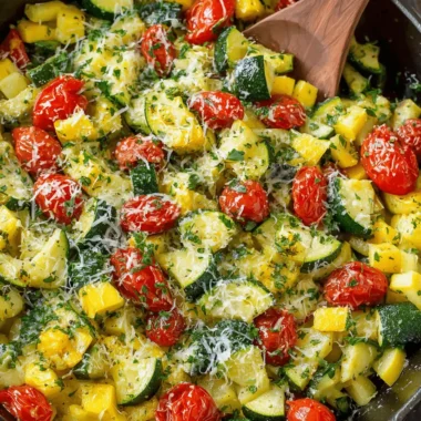 Amazing Squash and Zucchini Recipes: Quick & Delicious 4 A close-up of a vibrant cast-iron skillet filled with cooked squash and zucchini, cherry tomatoes, cheese, and parsley, perfect for easy squash and zucchini recipes.