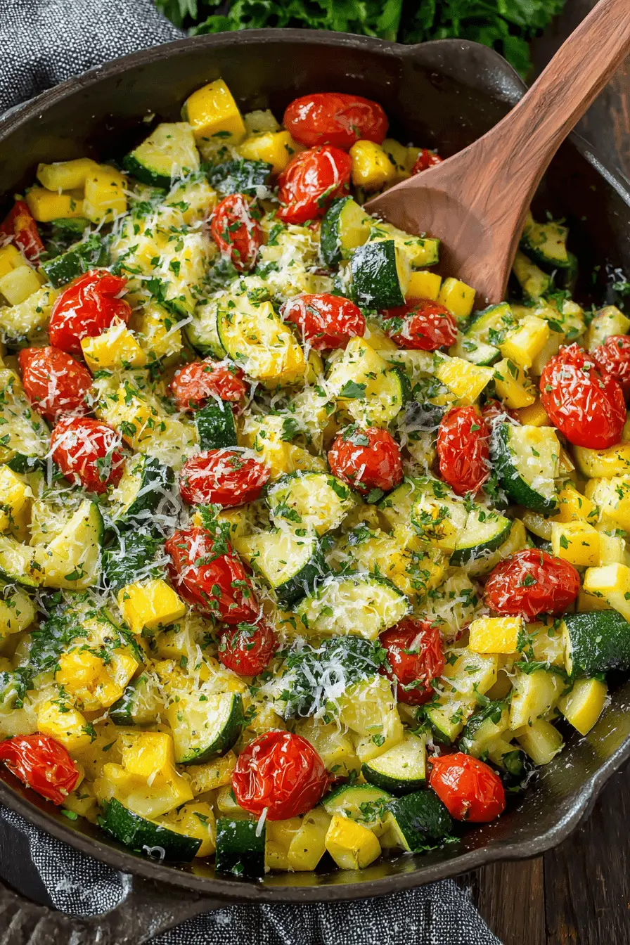Amazing Squash and Zucchini Recipes: Quick & Delicious 2 A close-up of a vibrant cast-iron skillet filled with cooked squash and zucchini, cherry tomatoes, cheese, and parsley, perfect for easy squash and zucchini recipes.