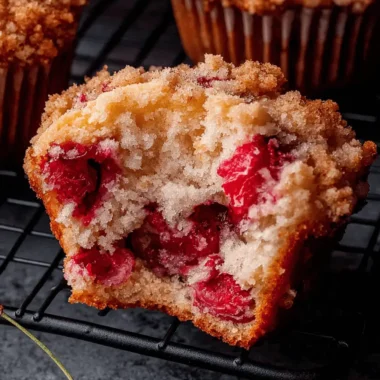 Irresistibly Delicious Cherry Cobbler Muffins 4 Close-up of a bitten homemade cherry cobbler muffin on a cooling rack, revealing fluffy interior and bright red cherries, with whole cherries in the foreground.