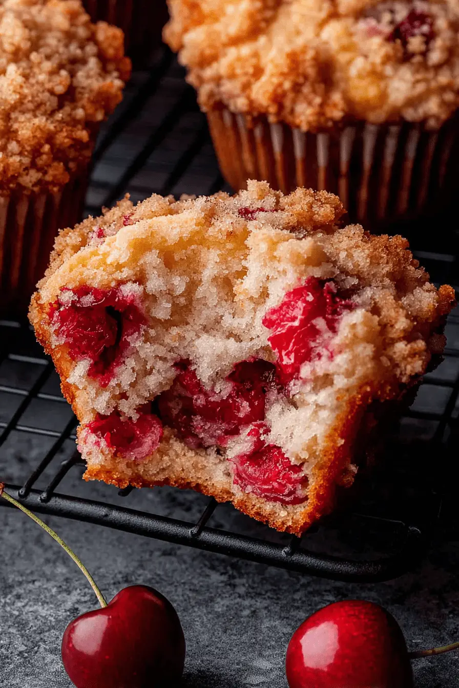 Irresistibly Delicious Cherry Cobbler Muffins 2 Close-up of a bitten homemade cherry cobbler muffin on a cooling rack, revealing fluffy interior and bright red cherries, with whole cherries in the foreground.