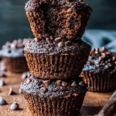 Ultimate Foolproof Chocolate Zucchini Muffins 3 Close-up stack of dark chocolate zucchini muffins with melted chocolate chips, revealing a moist interior, on a rustic wooden surface.