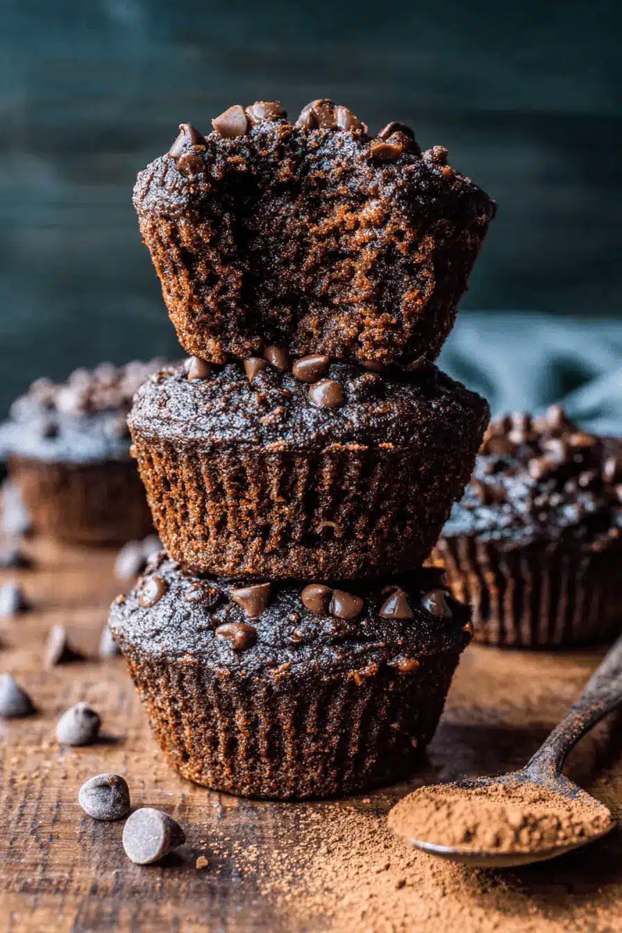 Ultimate Foolproof Chocolate Zucchini Muffins 2 Close-up stack of dark chocolate zucchini muffins with melted chocolate chips, revealing a moist interior, on a rustic wooden surface.