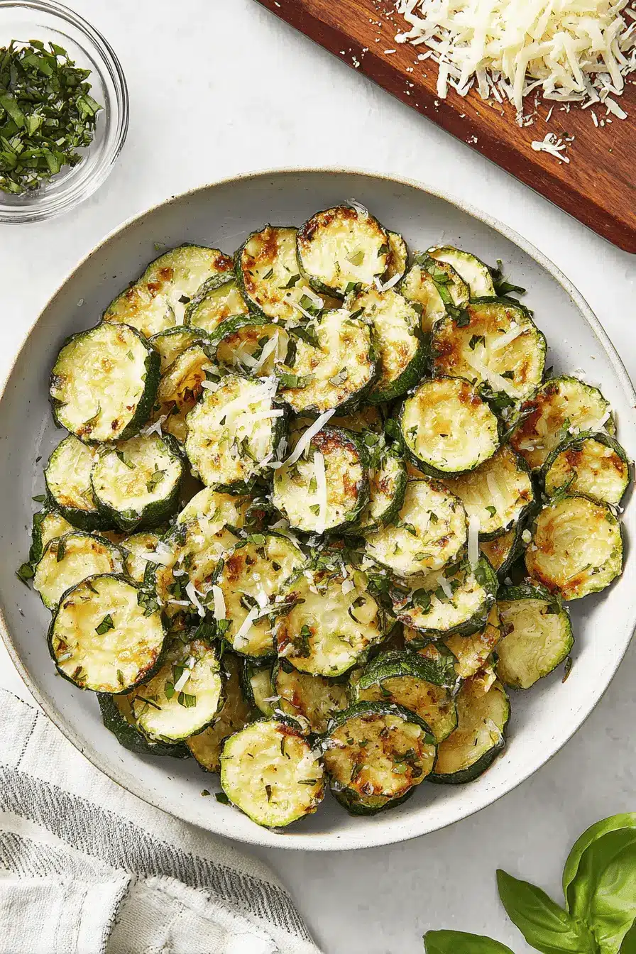 Ultimate Crispy Roasted Zucchini Recipe 2 Close-up of perfectly roasted zucchini slices with melted Parmesan and fresh herbs.