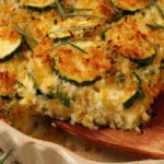 Ultimate Zucchini Casserole: Never Watery! 6 Golden-brown baked zucchini casserole in a ceramic dish, ready to serve with a wooden spatula.