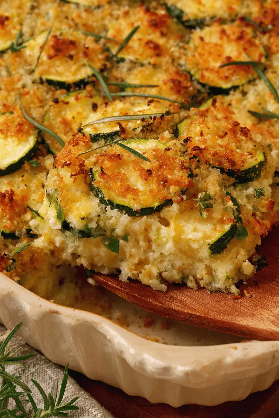 Ultimate Zucchini Casserole: Never Watery! 2 Golden-brown baked zucchini casserole in a ceramic dish, ready to serve with a wooden spatula.