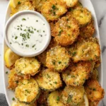 The Ultimate Foolproof Fried Zucchini Recipe 5 Golden-brown crispy fried zucchini slices on a white platter with creamy dipping sauce and lemon wedges.