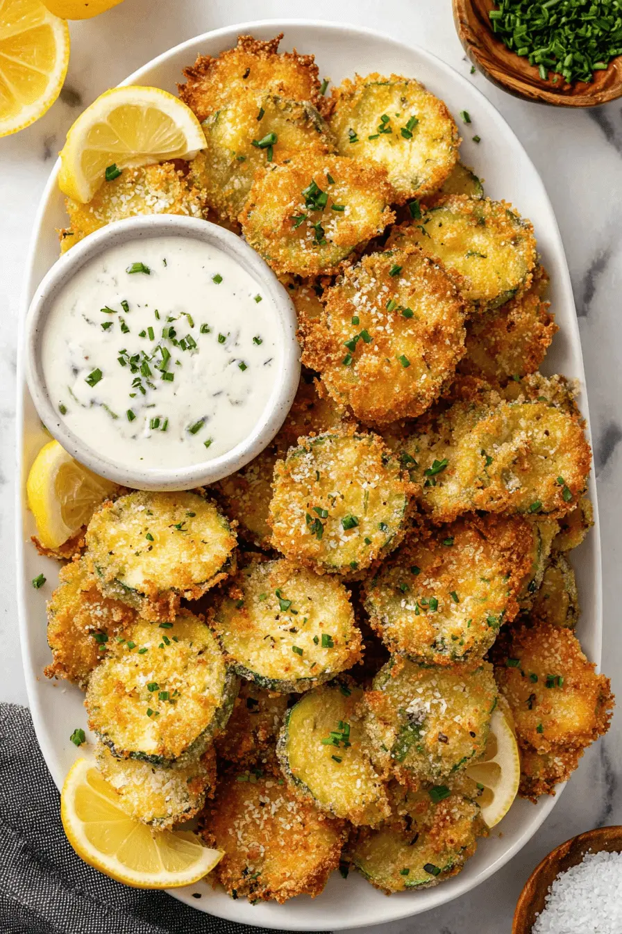 The Ultimate Foolproof Fried Zucchini Recipe 2 Golden-brown crispy fried zucchini slices on a white platter with creamy dipping sauce and lemon wedges.